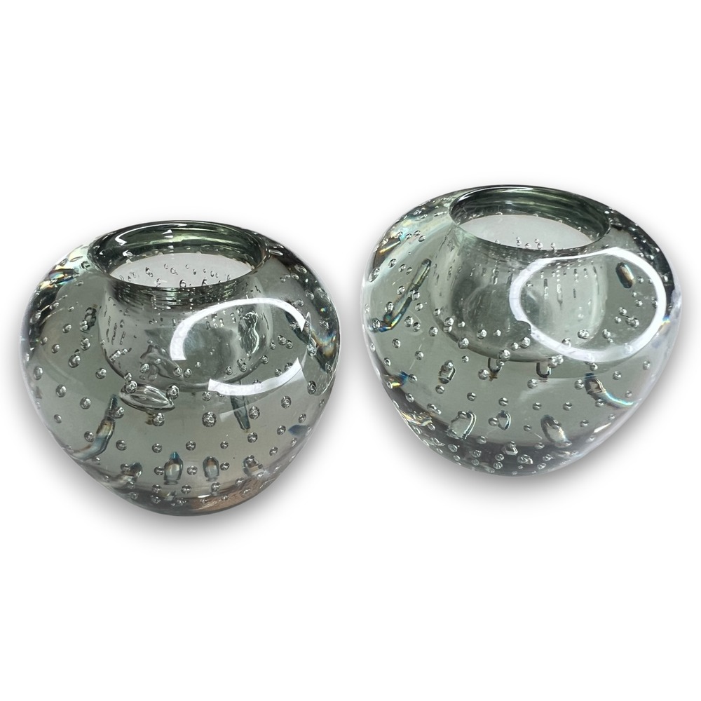 Set of 2 Art Glass Controlled Bubble Candle Holders Paperweight Clear Smoke 2"